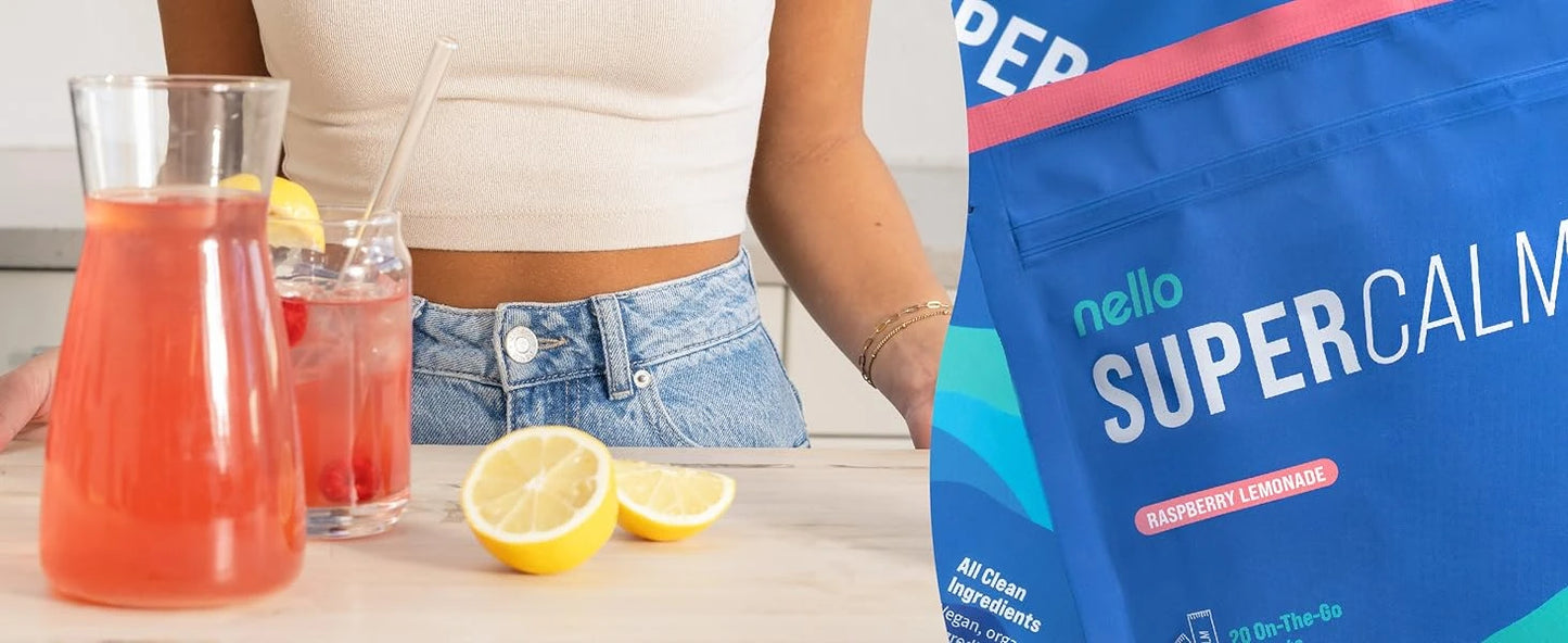 Nello Supercalm Powdered Mix, Raspberry Lemonade, L Theanine, Ksm-66 Ashwagandha, Magnesium Glycinate, Vitamin D 3, Supple