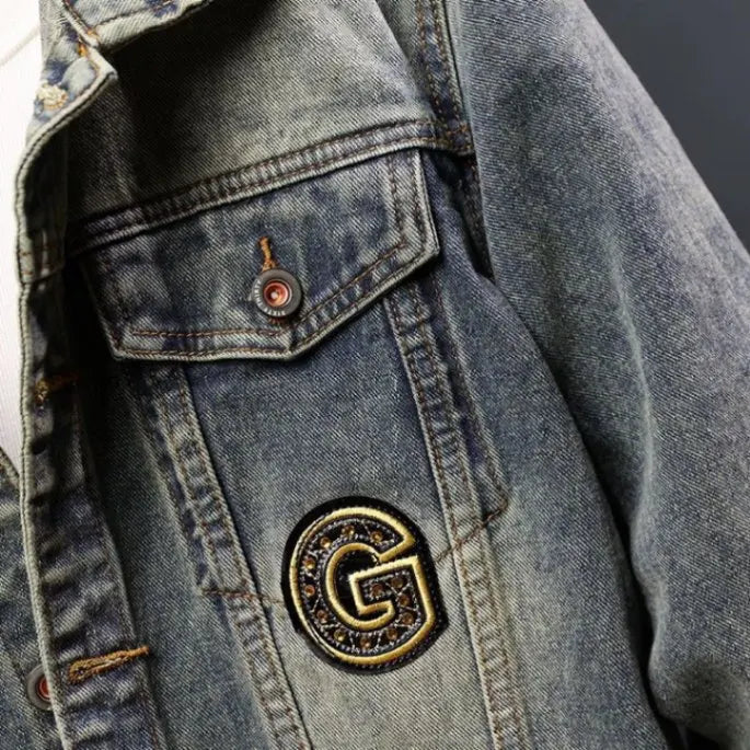 Faionable Retro Motorcycle Jaet Men's Light Colored Embroidered Denim Coat Sli Casual Cotton Polyester Blend Outerwear