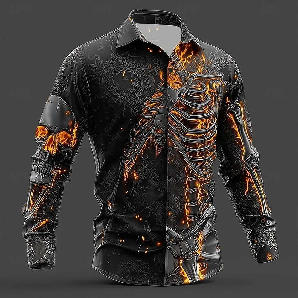 Halloween Pumpkin Head 3D Printed Men's Long Sleeve Shirt Fashion Button Skull Top New Men's Casual Flap-Collar Shirt