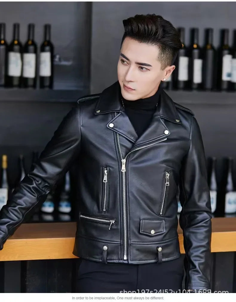 Men's Slim Fit PU Leather Jacket Fashionable Motorcycle Style Spring Autumn Korean Version Casual Outerwear Male Biker Coat