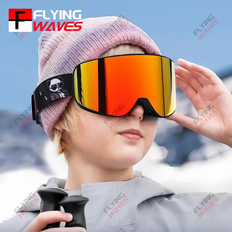 Kids Full REVO Coating OTG Ski Goggles Double-Layer Lens Anti-Fog Windproof UV Protection Snowboard Snow Glasses for Girls Boys