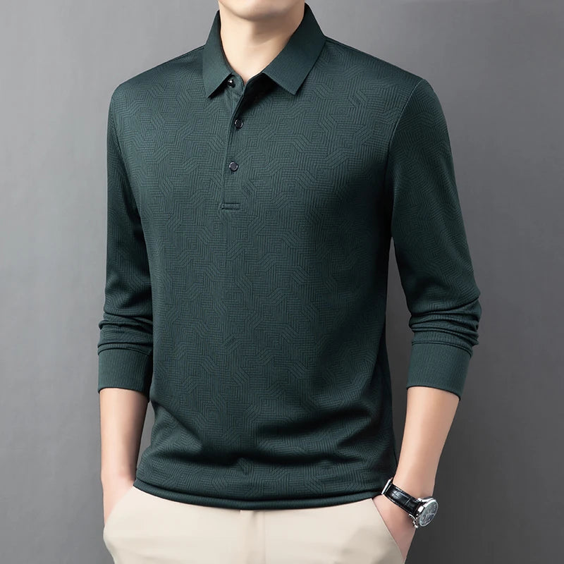 New Men's Business Casual Long Sleeved Shirt with Badge Solid Color Polo Shirt Fashionable Breathable Comfortable Versatile Top