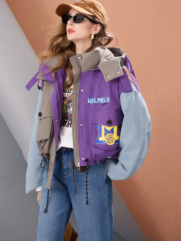Women Short Puffer Jacket Hooded Thick Warm Winter Coat Color Block Denim Sleeve Streetwear Oversized Fashion Down Outerwear