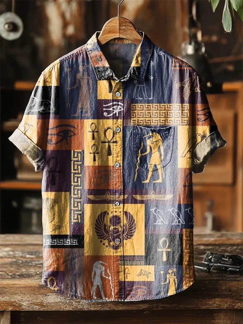 New Hawaiian Style Vintage Octopus Pattern Short Sleeve Men's Shirt Loose Breathable Fashionable Linen Top