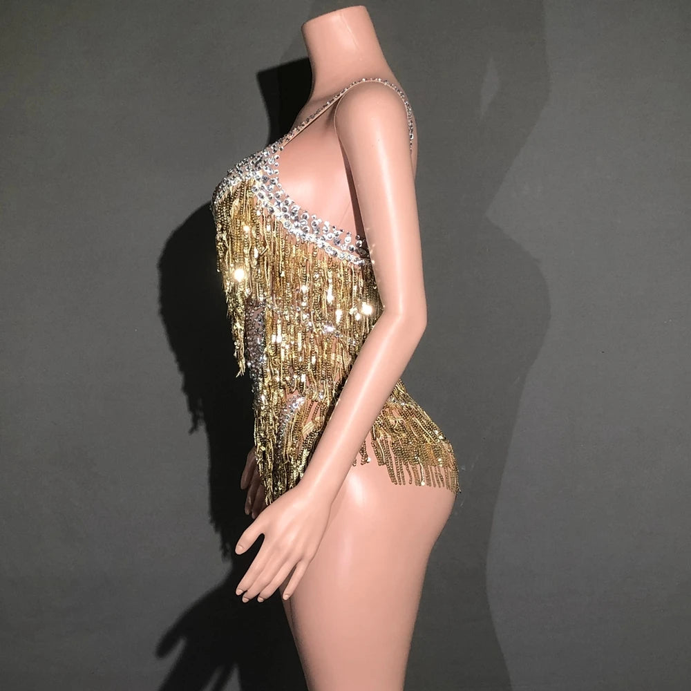 Sparkly Rhinestones Fringes Bodysuit Women Sexy See Through Party Outfit Performance Dance Costume Singer Dancer Show Stage Wear