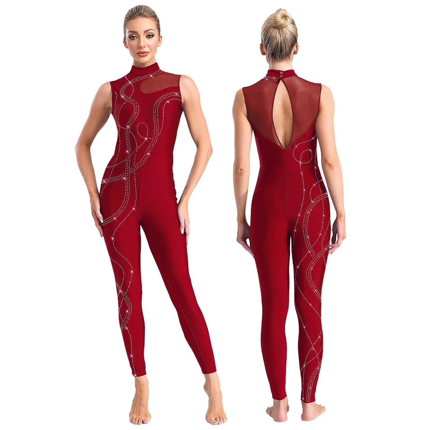 Womens Rhythmic Gymnastics Artistic Figure Skating Dance Costume Shiny Rhinestones Ballet Dance Unitards Jumpsuit Full Bodysuit