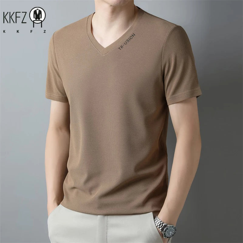New Men's Casual and Fashionable V-neck Solid Color Short Sleeved T-shirt Breathable and Comfortable Summer Versatile Top