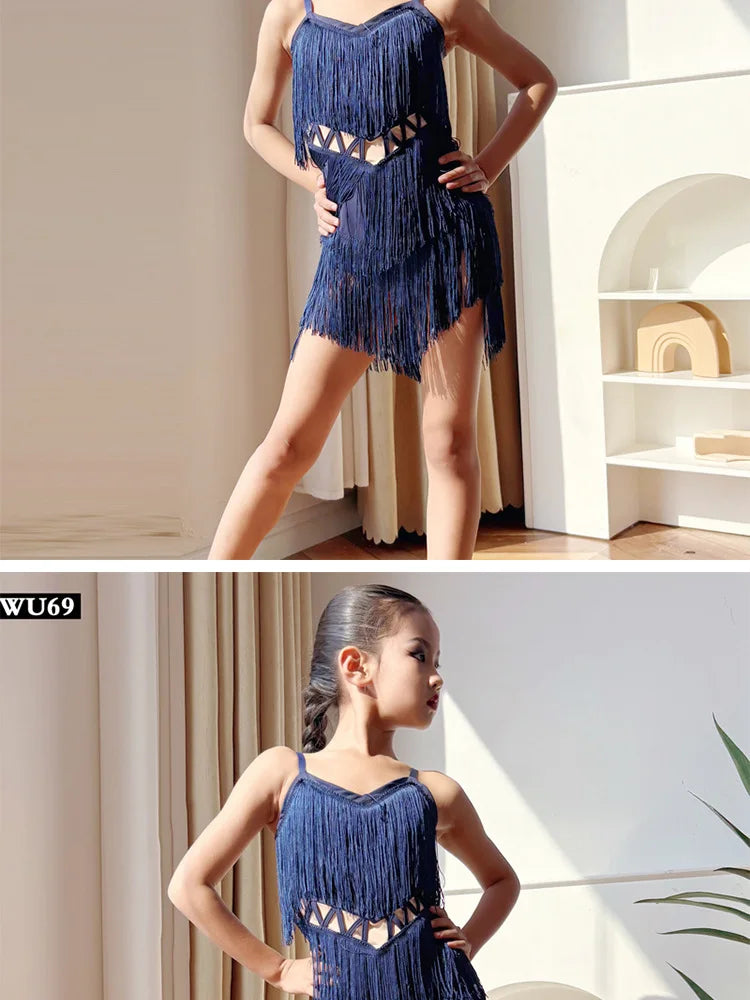 Latin american Dance velvet feather Long Dress Girls Kids Samba Salsa Cha Cha Rumba Tango Children Competition Ballroom Dresses