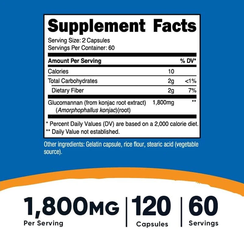Glucomannan Capsules - Natural Source of Fiber - Gastrointestinal Health, Appetite Suppression, Weight Management