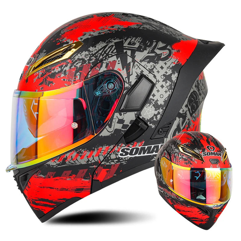 DOT Approved Men's Motorcycle Helmet Full Face Helmet with Double Visor Flip Up Motocross Helmet Four Seasons Universal