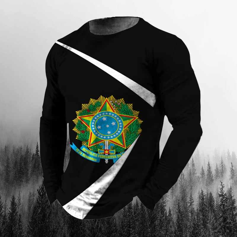 Vintage Brazilian Flag 3D Print Autumn Men's O-Neck T-shirt Casual Long Sleeve Oversized T Shirt Fashion Pullover Men Clothing